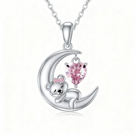 10K White Gold Heart Cut Crystal Bear & Moon Pendant Necklace
