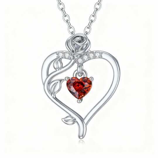 قلادة من الذهب الأبيض عيار 10 قيراط مرصعة بكريستال على شكل قلب ووردة