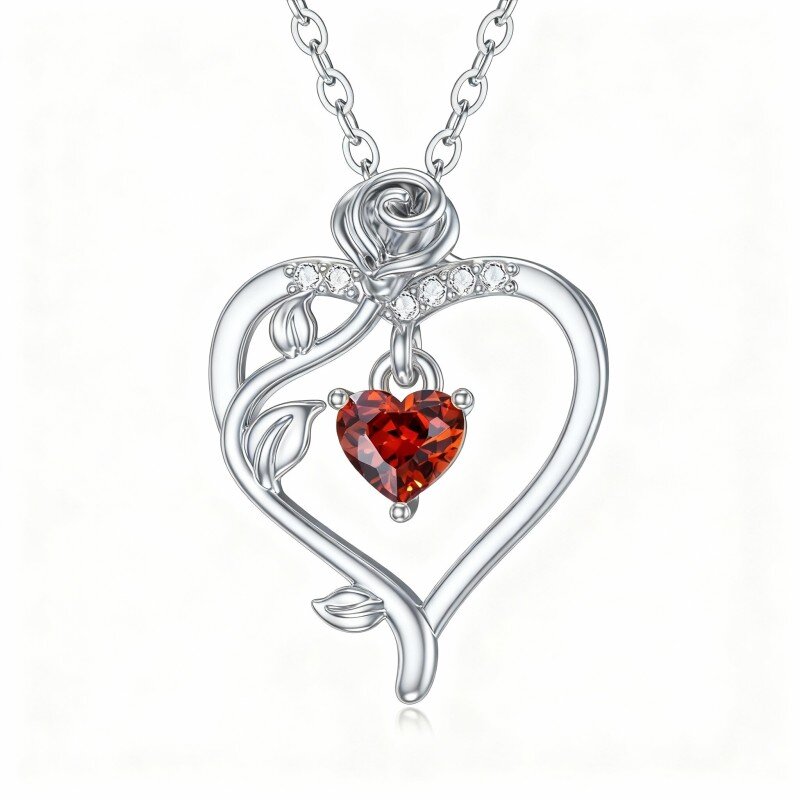 Platinum with White Gold Plated Heart Cut Crystal Rose & Heart Pendant Necklace-1