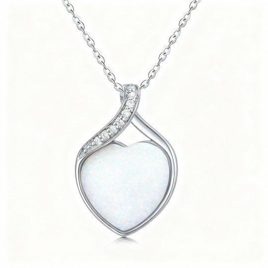 Colar com pendente coração em ouro branco 10K com diamante lapidado em forma de coração e opala