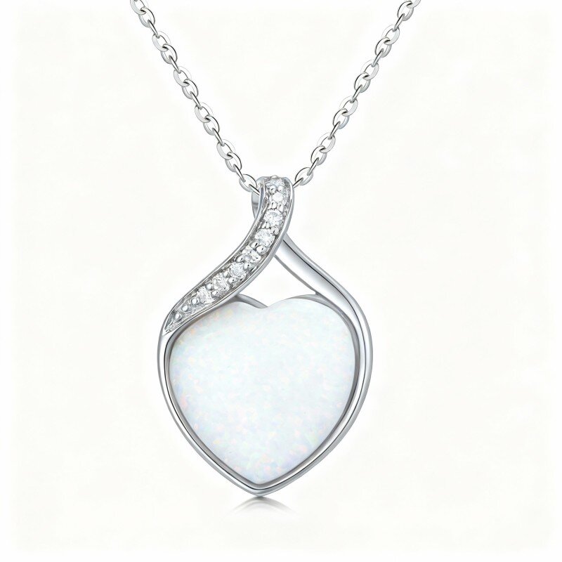 10K White Gold Heart Cut Diamond & Opal Heart Pendant Necklace-7