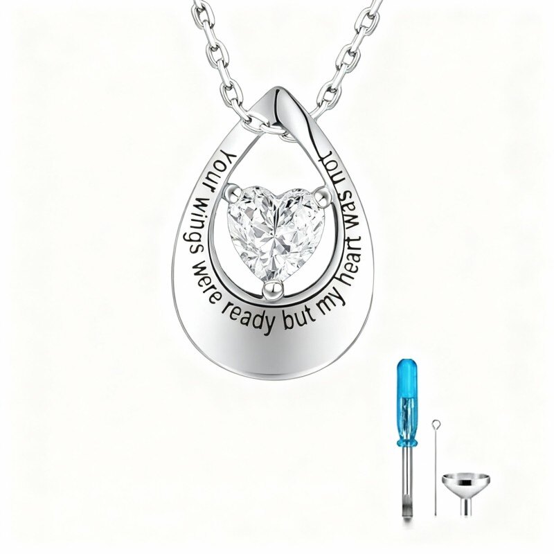 Naszyjnik z platyny z białym złotem w kształcie serca z cyrkonii sześciennej na prochy-1