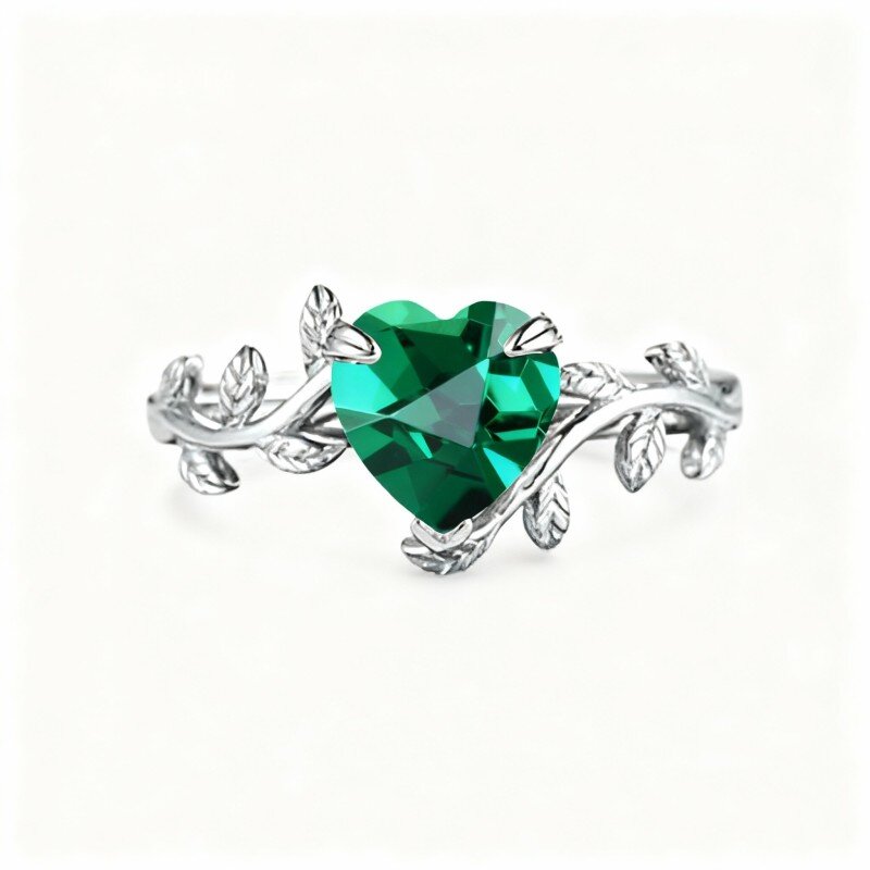 14K White Gold Heart Cut Emerald Ivy Ring-1