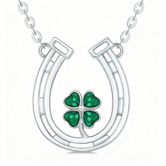 Colar com pendente de trevo de quatro folhas e ferradura em ouro branco de 10 quilates com zircónias cúbicas em corte de coração