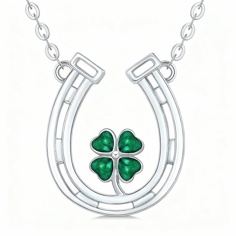 Colar com pendente de trevo de quatro folhas e ferradura em ouro branco de 10 quilates com zircónias cúbicas em corte de coração-7