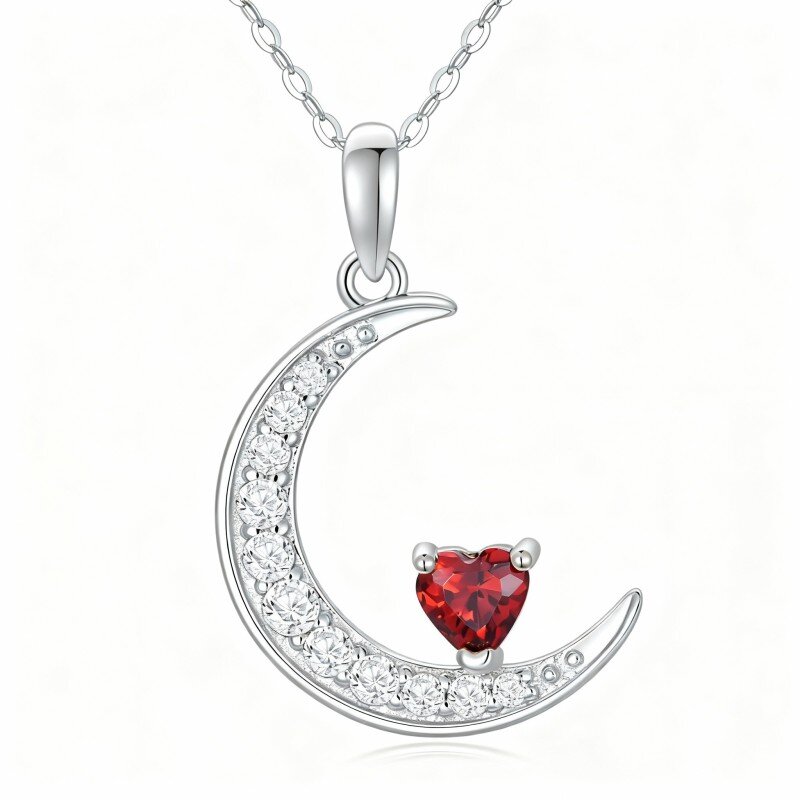 10K White Gold Heart Cut Garnet Heart & Moon Pendant Necklace-20