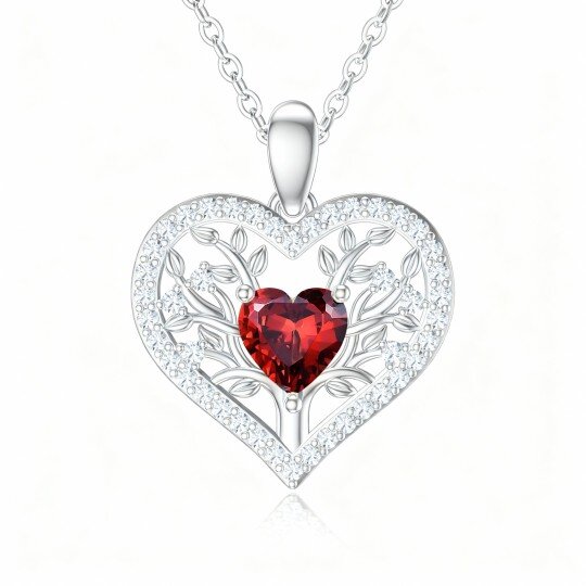 Collier pendentif cœur en or blanc 10 carats et grenat taille cœur