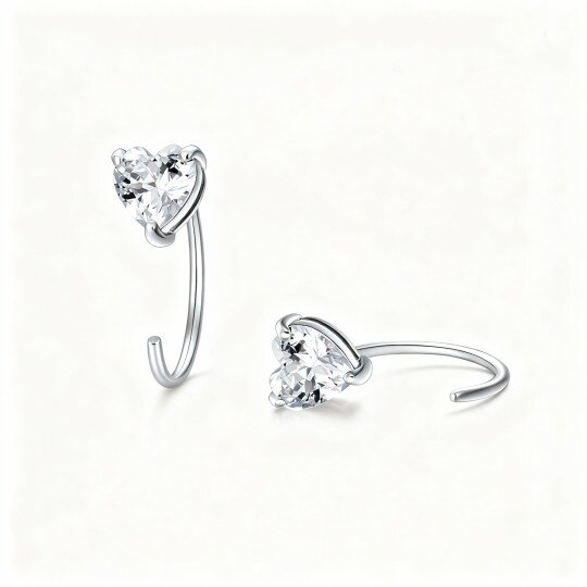 10K White Gold Heart Cut Cubic Zirconia Heart Hoop Earrings