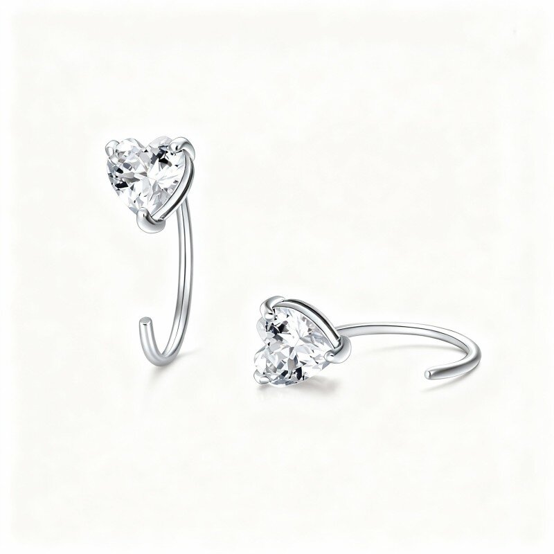 Orecchini a cerchio a forma di cuore in oro bianco 10K con zirconi cubici taglio cuore-9