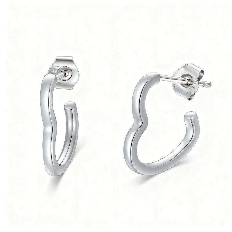 10K White Gold Heart Cut Heart Hoop Earrings-17
