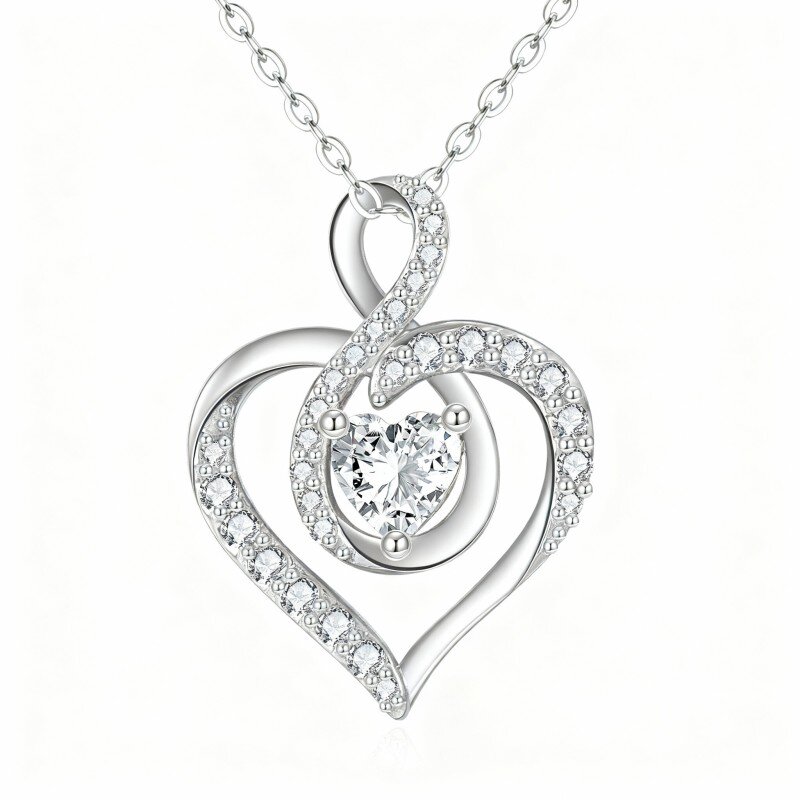 10K White Gold Heart Cut Cubic Zirconia Heart & Infinity Symbol Pendant Necklace-16
