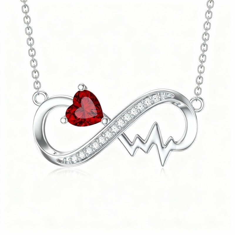 Colar com pendente em forma de coração e símbolo do infinito em ouro branco 10K com zircónias cúbicas.-7