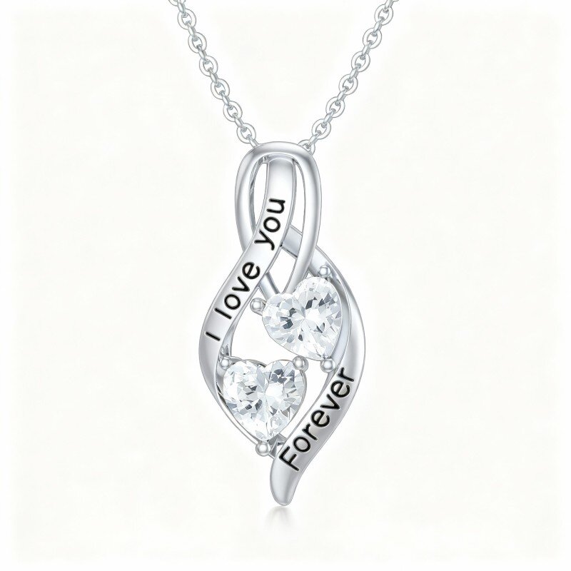 Colar com pendente em forma de coração e símbolo do infinito em ouro branco 10K com zircónias cúbicas.-4