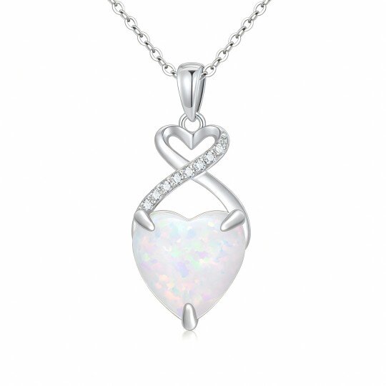 10K White Gold Heart Cut Lab Created Diamond & Opal Heart Pendant Necklace