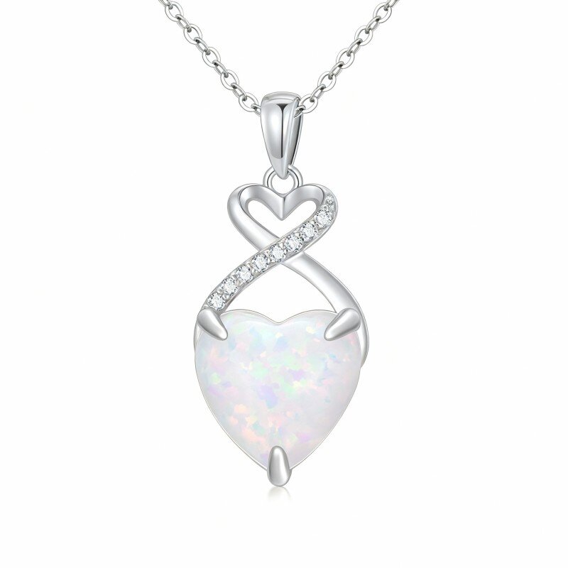 Colar com pendente de coração em ouro branco 10K com diamante sintético lapidado em forma de coração e opala.-11