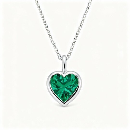 10K White Gold Heart Cut Lab Created Emerald Couple Pendant Necklace