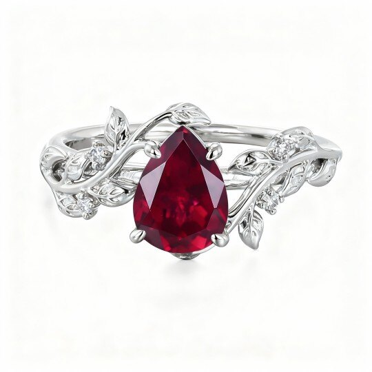 Anillo de oro blanco de 10 quilates con corte de corazón y hojas