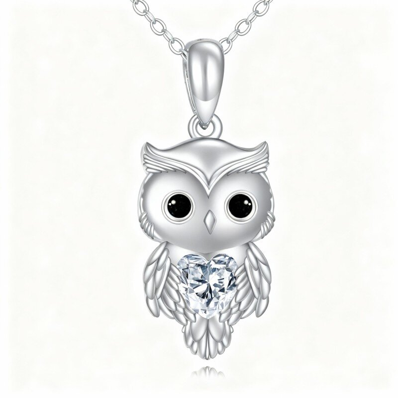 10K White Gold Heart Cut Moissanite Owl Pendant Necklace-1