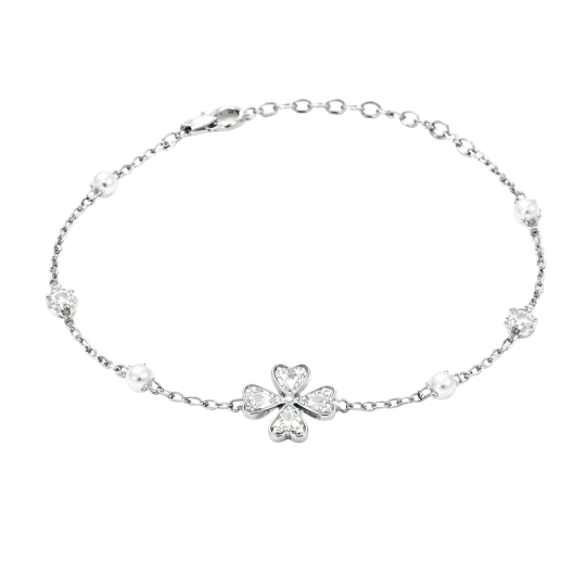 Armband aus 10-karätigem Weißgold mit herzförmigem Moissanit und Perle in Form eines vierblättrigen Kleeblatts