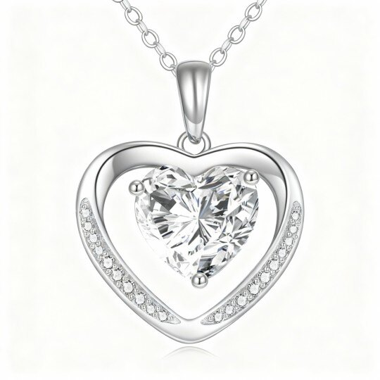 10Kホワイトゴールド ハートカット キュービックジルコニア＆モアッサナイト ハートペンダントネックレス