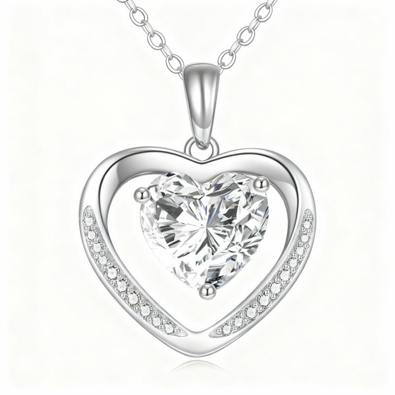 Collier pendentif cœur en or blanc 10 carats avec zircon cubique et moissanite-18
