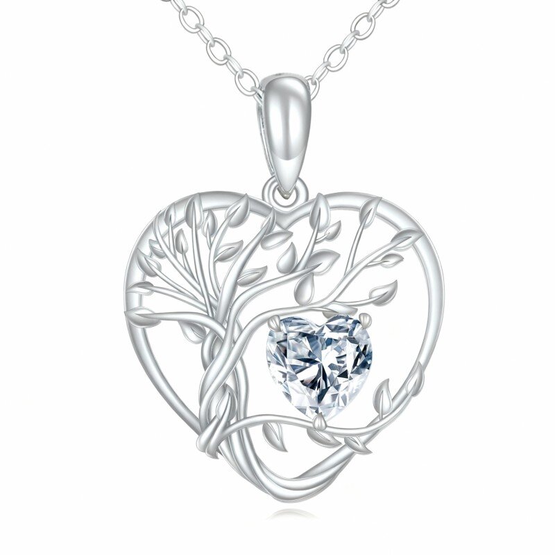 Colar com pendente coração e árvore da vida em ouro branco 10K com moissanita lapidada em forma de coração-20