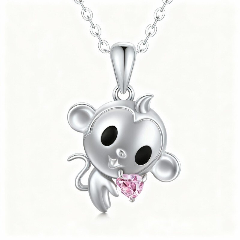 10K White Gold Heart Cut Cubic Zirconia Monkey Pendant Necklace-7