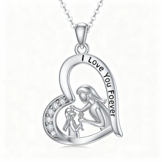 Colar com pendente de coração em ouro branco 10K com zircónias cúbicas lapidadas, representando mãe e filha
