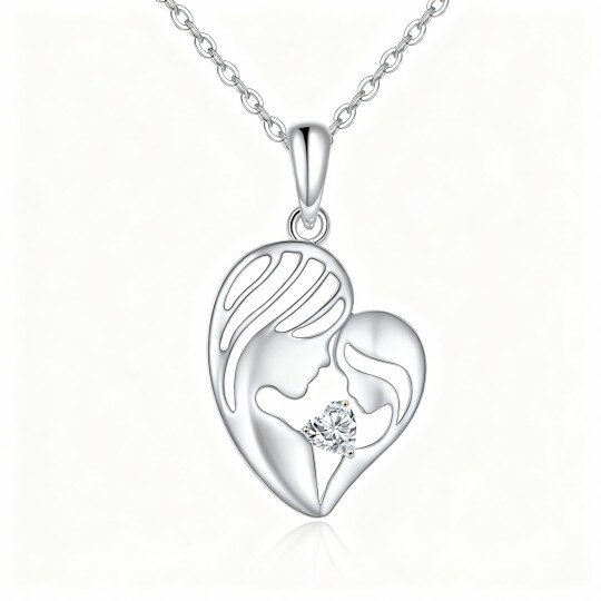 Colar com pendente de mãe e filha em ouro branco 10K com zircónias cúbicas em forma de coração