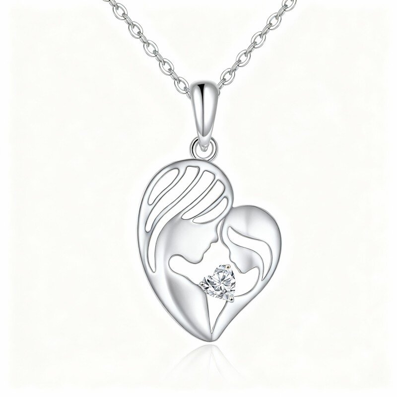 Colar com pendente de mãe e filha em ouro branco 10K com zircónias cúbicas em forma de coração-20