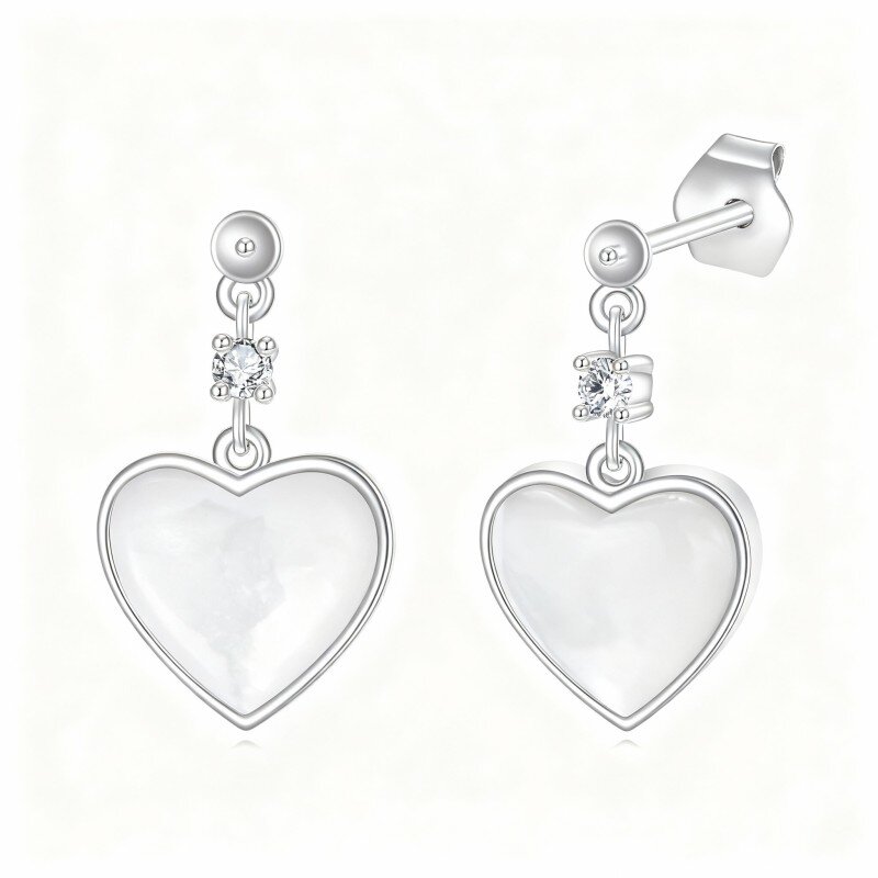 10K White Gold Heart Cut Mother Of Pearl Heart Drop Earrings-16