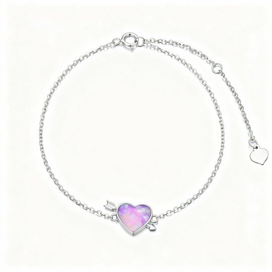 Pulseira com pendente de coração em ouro branco 10K e opala lapidada em forma de coração