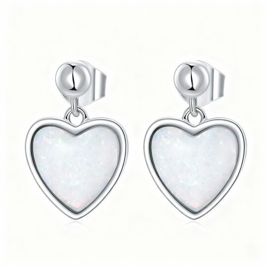 10K White Gold Heart Cut Opal Heart Drop Earrings