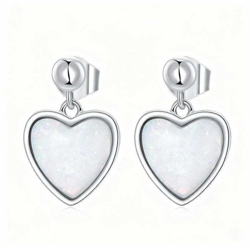 10K White Gold Heart Cut Opal Heart Drop Earrings-4