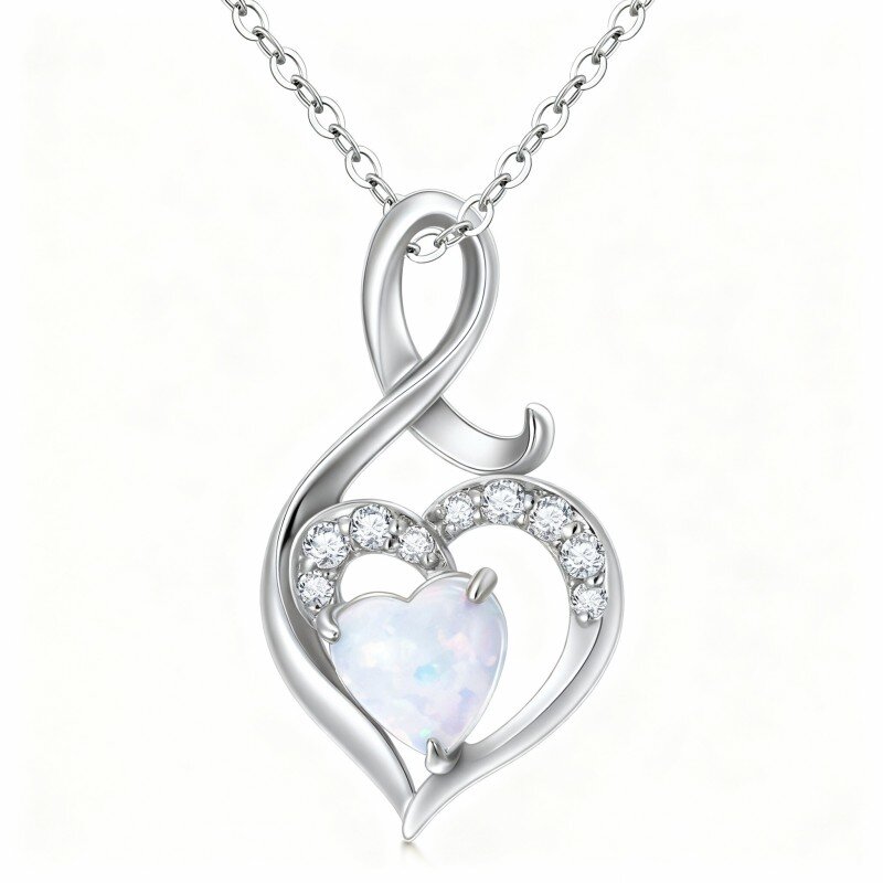 10K White Gold Heart Cut Opal Heart & Infinity Symbol Pendant Necklace-6