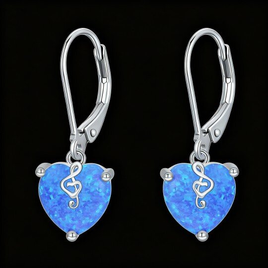 10K White Gold Heart Cut Opal Heart Lever-back Earrings