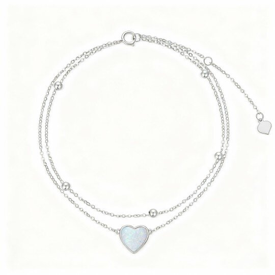 Tobillera de oro blanco de 10 quilates con dije de corazón de ópalo talla corazón y múltiples capas