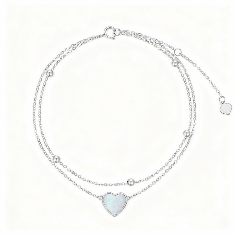 10K White Gold Heart Cut Opal Heart Multi-layered Charm Anklet-7