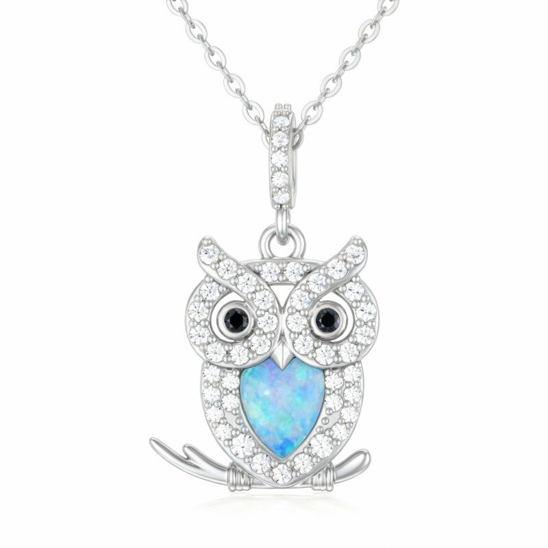 10K White Gold Heart Cut Opal Owl Pendant Necklace-8