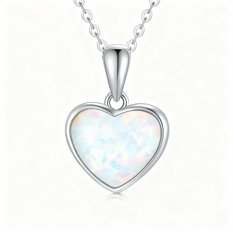 Colar com pendente coração em ouro branco 10K com opala lapidada em forma de coração-16