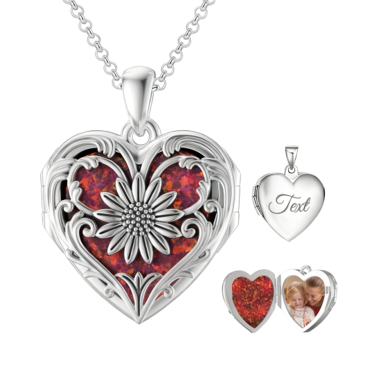 プラチナにホワイトゴールドメッキを施したハートカットオパールとパーソナライズされたひまわりの彫刻、パーソナライズされた写真、ハートのパーソナライズされた写真入りロケットネックレス
