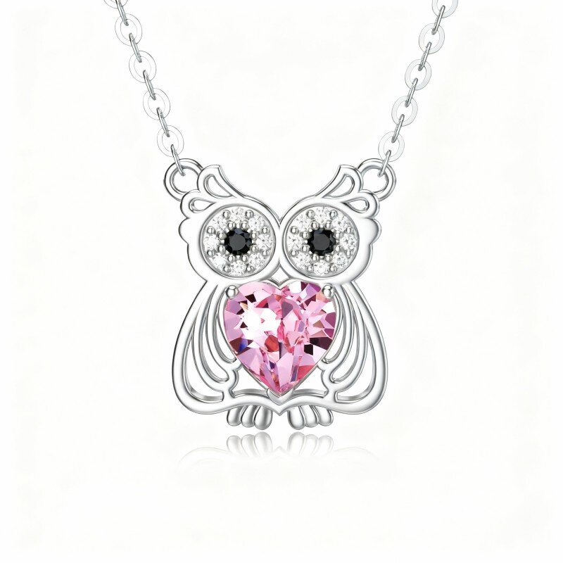 10K White Gold Heart Cut Cubic Zirconia Owl Pendant Necklace-17