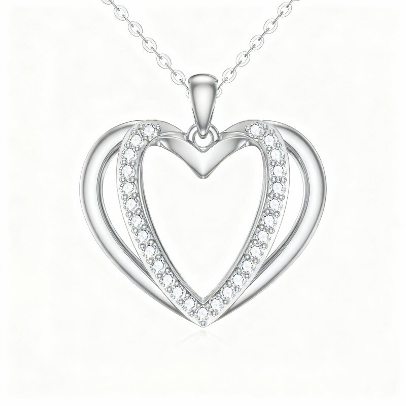 Platinum with White Gold Plated Heart Cut Cubic Zirconia Heart Pendant Necklace-1
