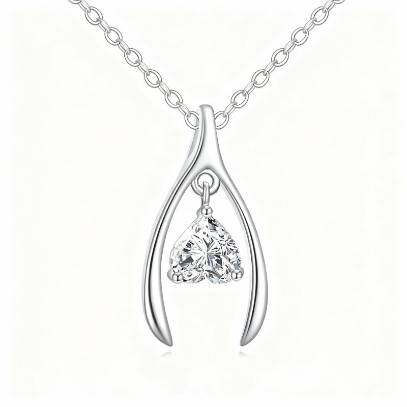 Colar com pendente coração em ouro branco 10K com zircónia cúbica em corte coração-10