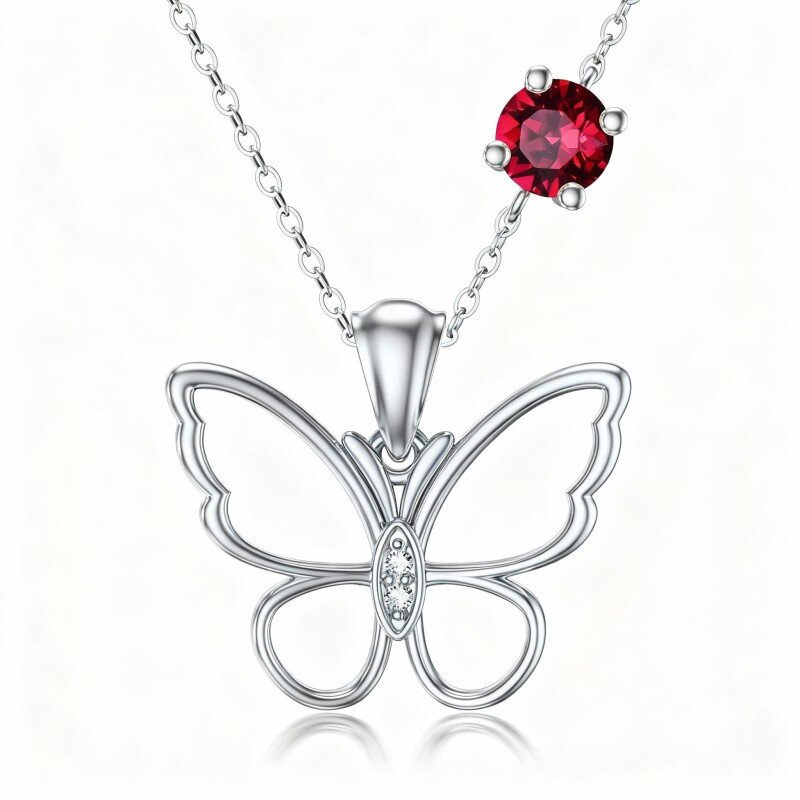 10K White Gold Heart Cut Cubic Zirconia & Personalized Birthstone Butterfly Pendant Necklace-12