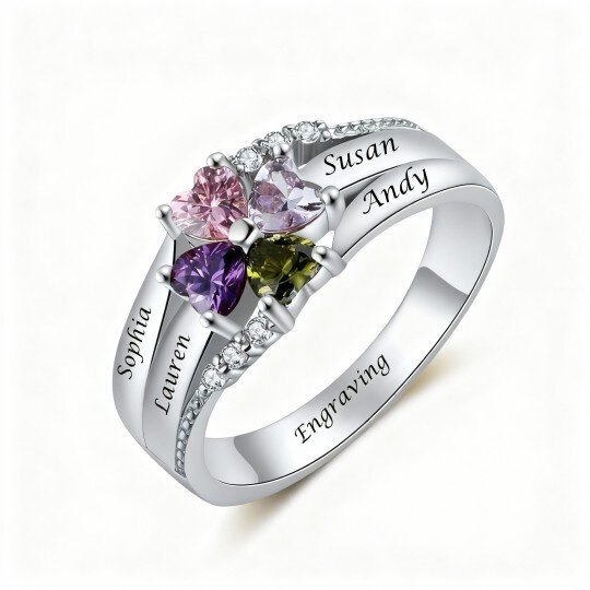 Ring aus 10-karätigem Weißgold mit herzförmigem Zirkonia, personalisiertem Geburtsstein und personalisiertem Namen in Form eines vierblättrigen Kleeblatts