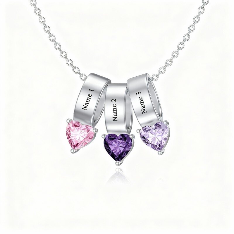 قلادة من الذهب الأبيض عيار 10 قيراط مرصعة بالزركونيا المكعبة ومقطوعة على شكل قلب، تحمل اسمك وحجر ميلادك الشخصي-1