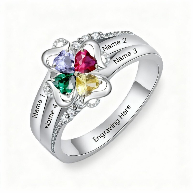 10K White Gold Heart Cut Cubic Zirconia Personalized Birthstone & Personalized Classic Name Ring-1