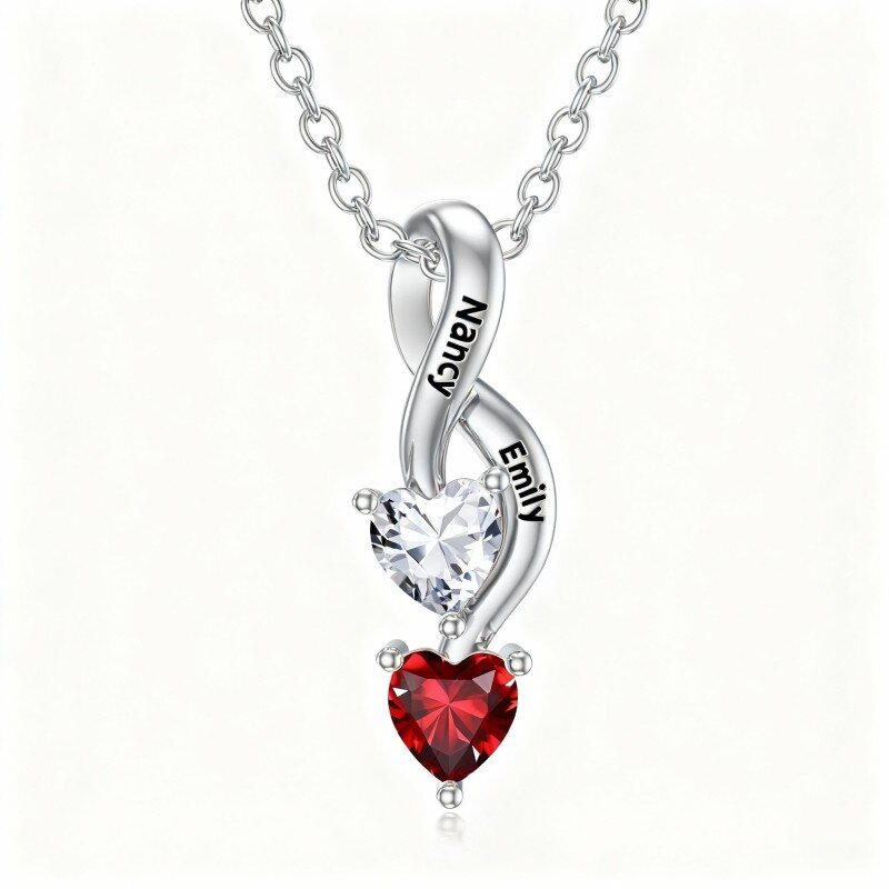 14K White Gold Heart Cut Cubic Zirconia Personalized Birthstone & Personalized Engraving & Infinity Symbol Pendant Necklace-1