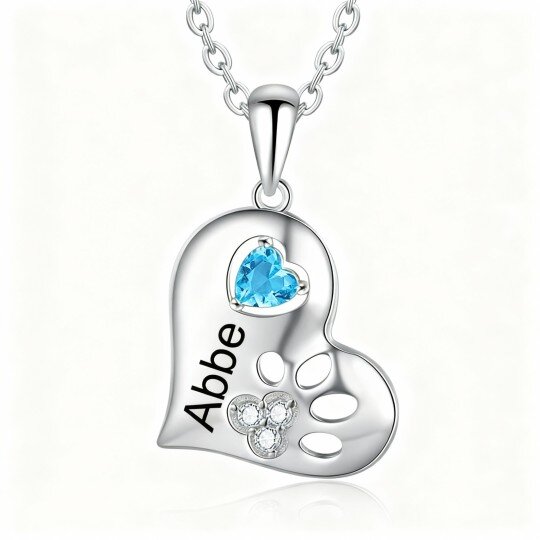 Collier pendentif en or blanc 10 carats avec zircon cubique taille cœur, pierre de naissance personnalisée et gravure personnalisée (motif patte et cœur).